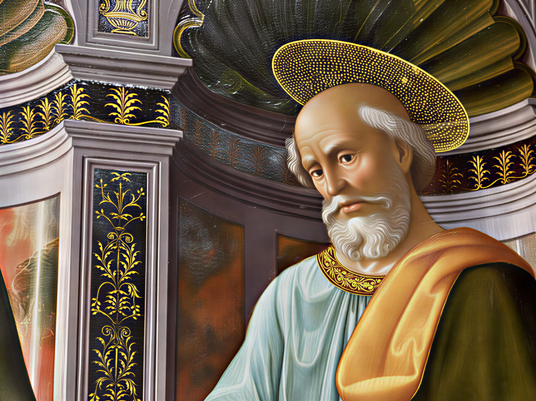 Détail d'un portrait d'un saint avec un halo, richement décoré, exposé à la Galleria dell'Accademia à Florence, Italie.