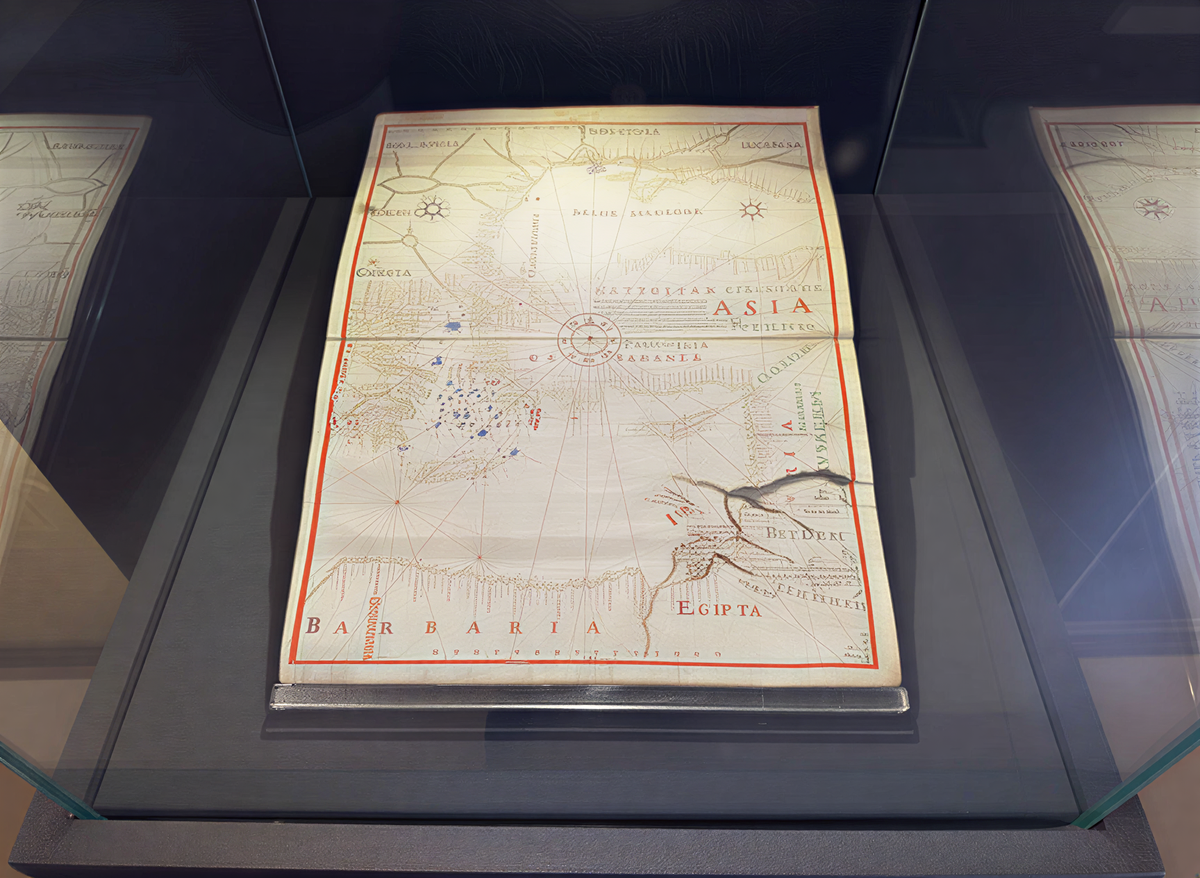 Carte historique illustrant les côtes de l'Orient, exposée au Museo dell'Opera del Duomo à Pise, Italie.