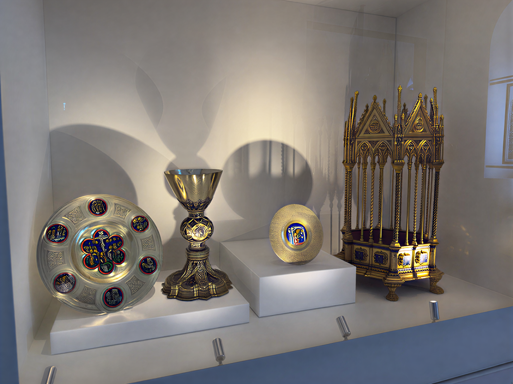 Trésors lumineux de la Renaissance italienne, incluant un plat en verre orné, une coupe en argent ciselée et un candélabre doré, reflétant l'artisanat exceptionnel de l'époque.